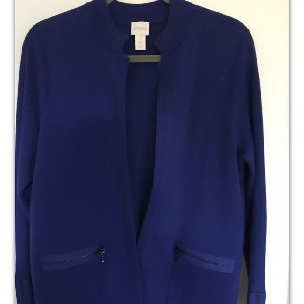 Chicos Royal Blue Open Front Cardigan Sweater Sleeve And Pocket zippers 2/L